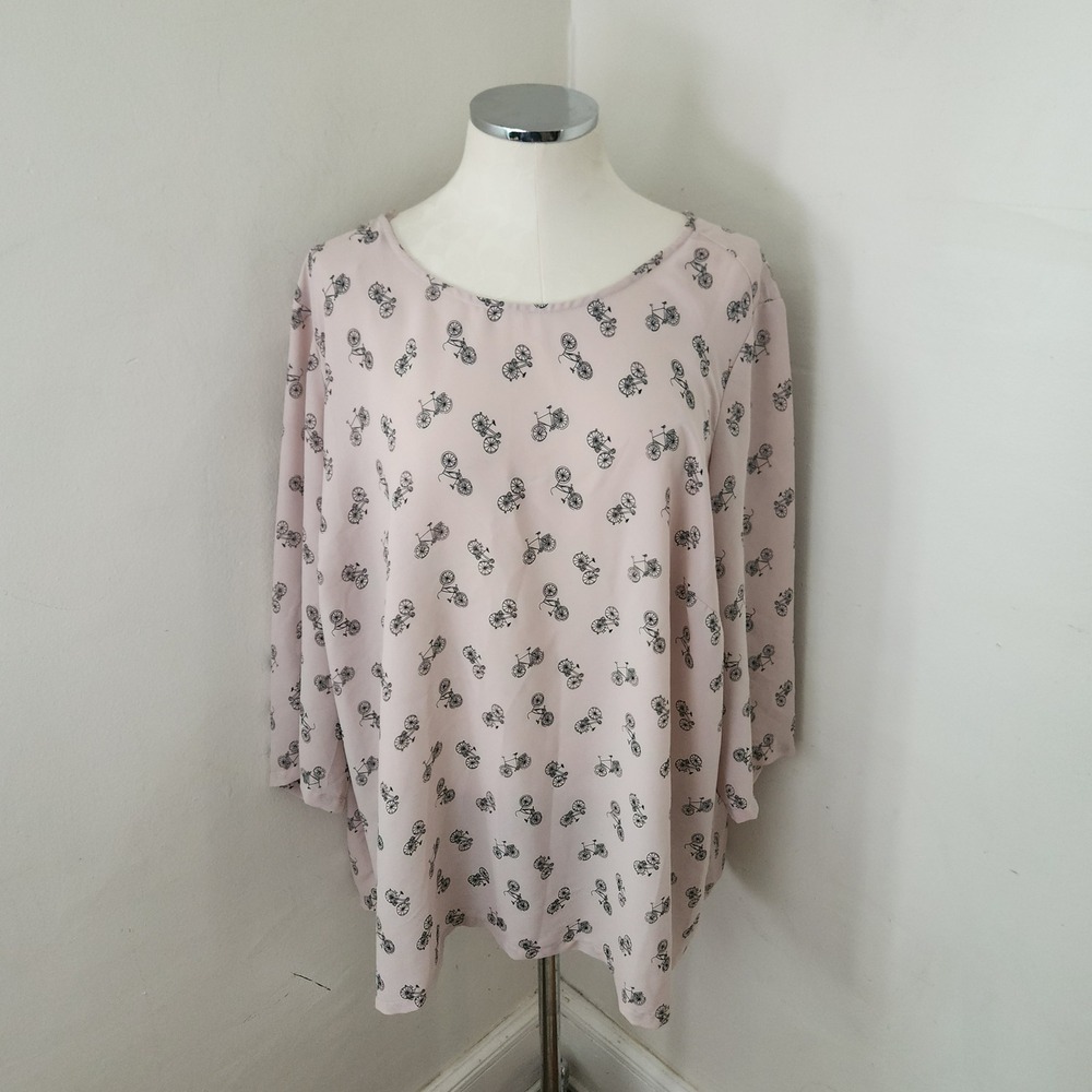 Paraphrase‎ Womens 3X Pink Bicycle Print Blouse 3/4 Sleeve Scoop Neck